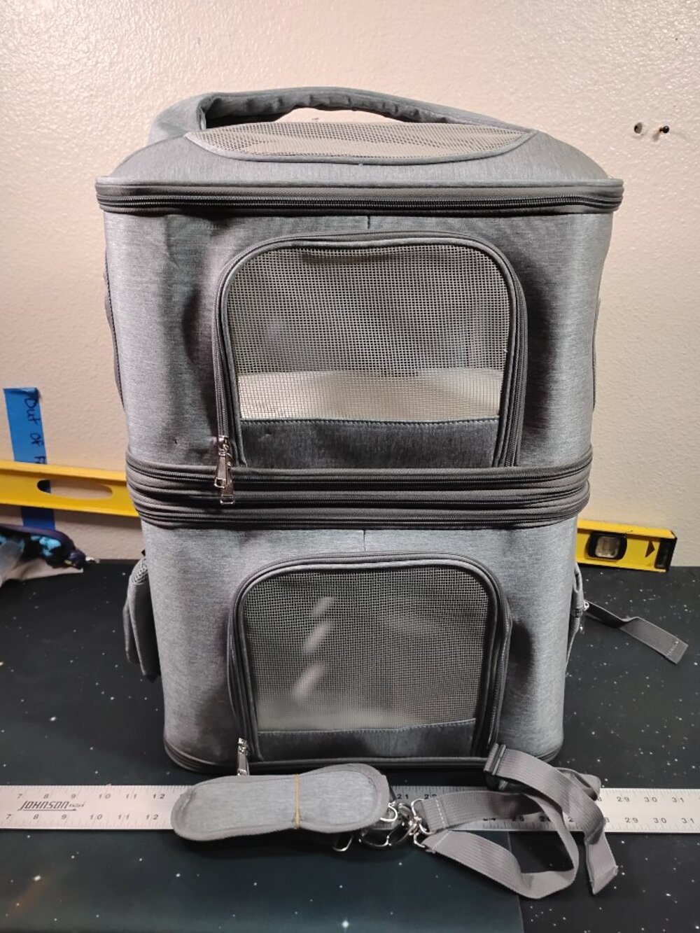 Grey Pet Carrier Backpack Double Compartment Convertible Travel Bag Dog Cat